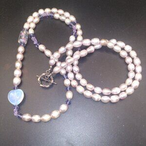 Sterling silver clasp Real Pearl Necklace 44'' opal glass heart,purple crystals